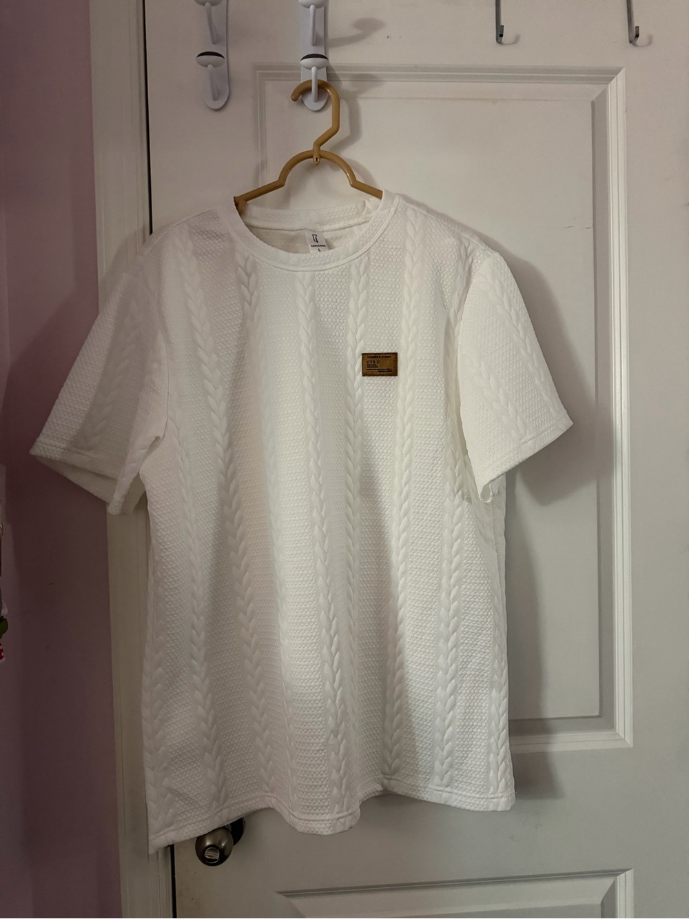 Amazon White Textured Cable-Knit Short Sleeve Shirt